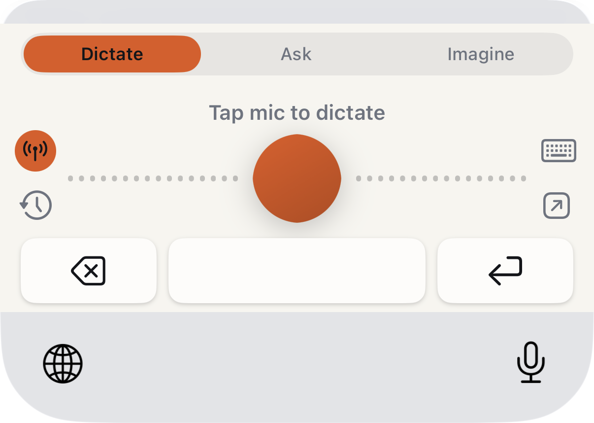The Caret keyboard in Dictate mode, with Dictate, Ask and Imagine tabs above a large microphone button