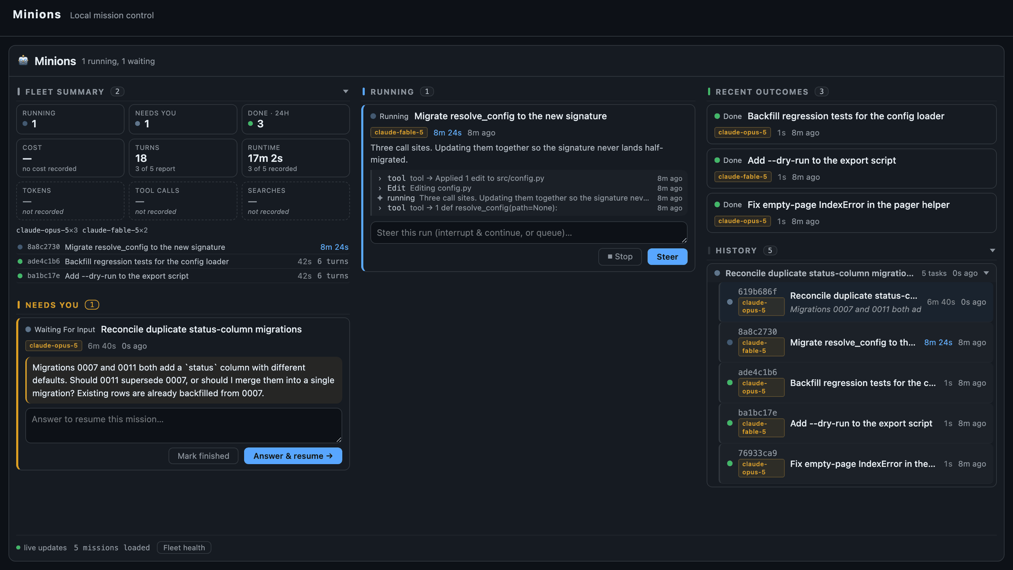 The Minions mission-control dashboard with demo data: a fleet summary, a running coding mission, a question waiting for an answer, and recent outcomes